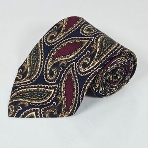 Eddie Bauer Silk Paisley Tie Navy Burgundy Gold 3.75" x 65" Classic Mens Necktie